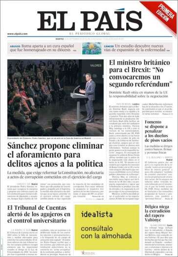 Portada del diario El País para este martes, 18 de septiembre (Foto TA)